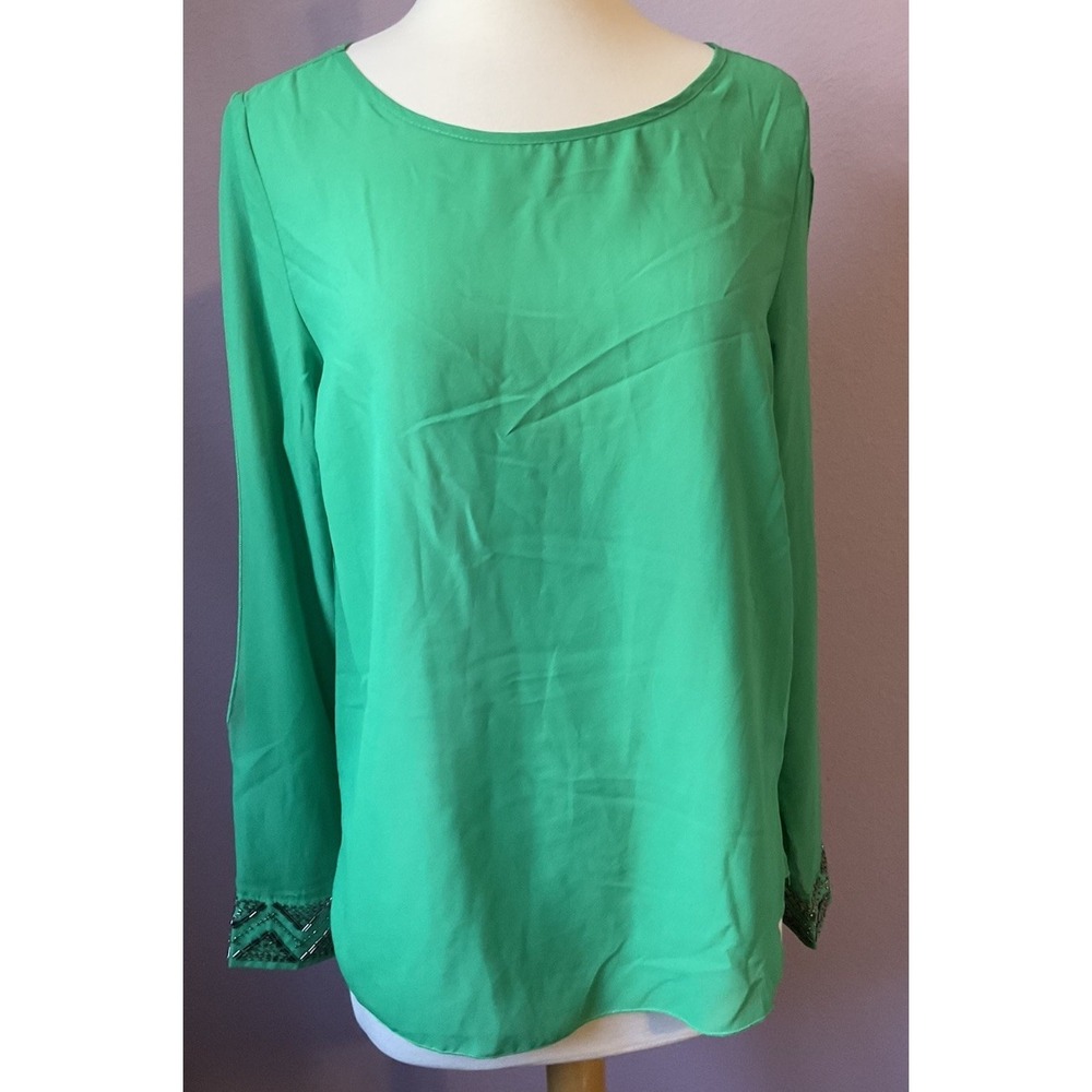 Umgee Green Long Sleeve Top Blouse Beaded Cuffs Size Medium